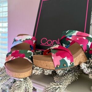 Corkys Women's Floral Platform Sandals - Pink, Green, and White